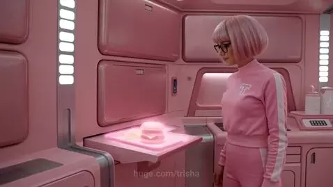 Pink-haired woman Trisha in a futuristic pink bedroom on a large pink spaceship.