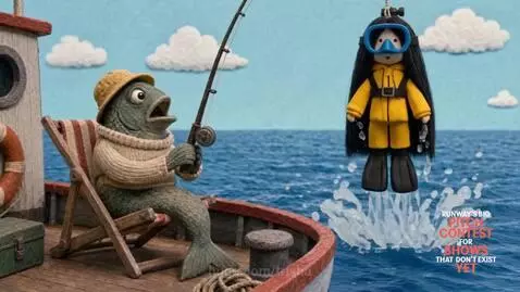 A whimsical town scene with colorful, eccentric characters like a panda, a whale rider, and a crab traffic controller.