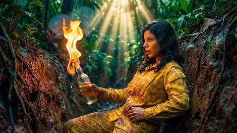 Women in colorful camouflage with weapons planning a revolution in a jungle setting.