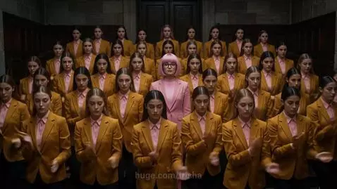 Young women in yellow blazers and pink shirts performing synchronized robotic dance in a formal hall, led by a woman in a pink suit.