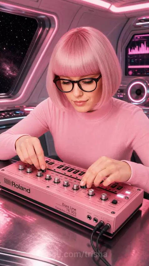Woman with short pink hair and glasses playing a pink Roland TB-303 synthesizer in a futuristic pink-lit room with a starry nebula view.