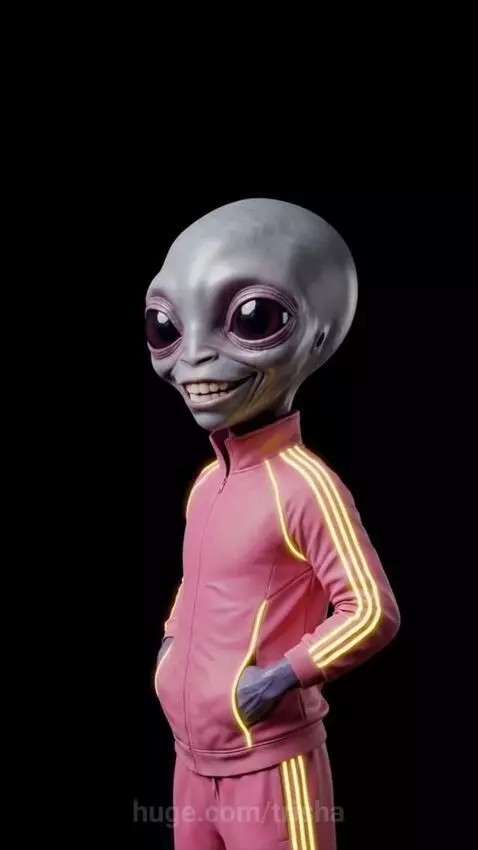 Woman in pink sweater asks a grey alien in a pink tracksuit about helping humans.