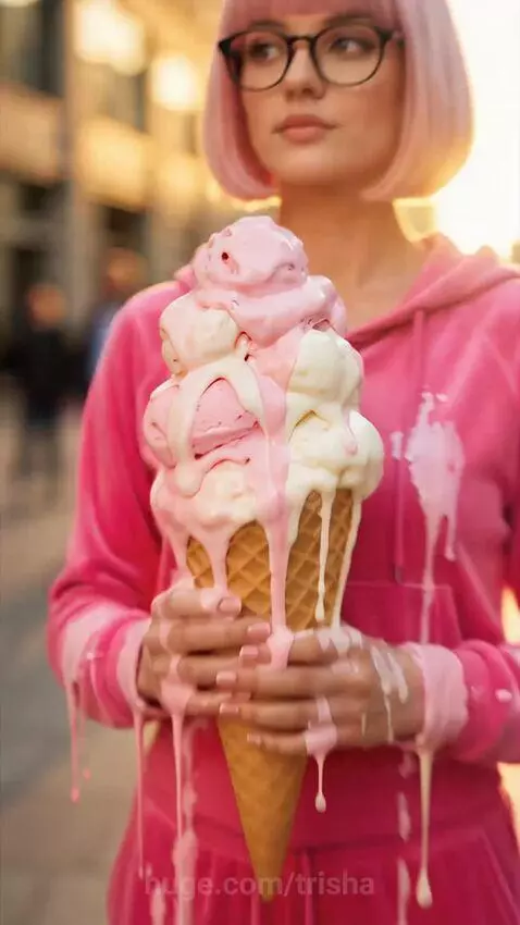 Collage of surreal pink scenes: T-Rex in tutu, melting ice cream, cat with pink head, pink bear in gown.