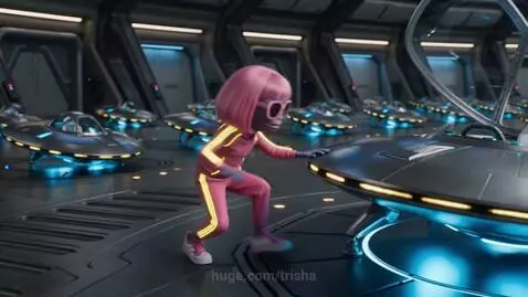 Alien in a pink tracksuit and wig DJing at a futuristic party with a UFO hovering above.