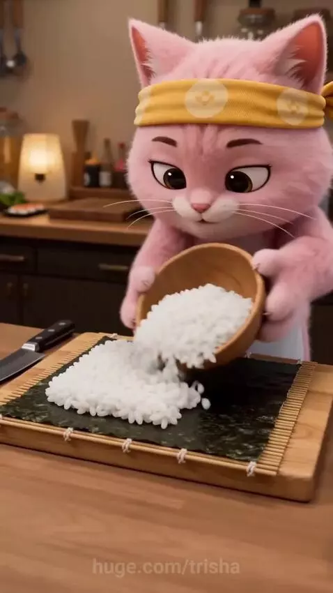 Animated pink cat wearing a bandana and apron, skillfully preparing sushi with rice, salmon, and a bamboo mat.