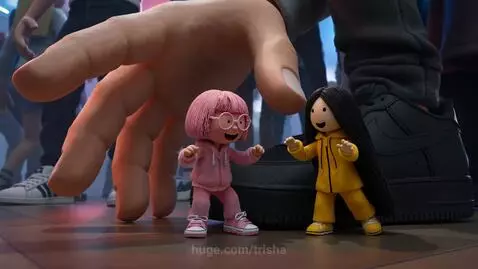 Two animated characters, one in pink and one in yellow tracksuits, dancing joyfully in various imaginative locations.