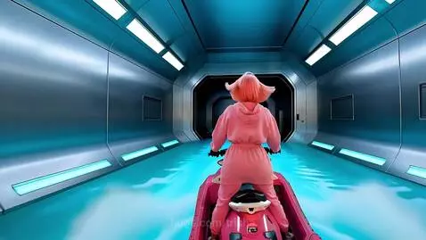 Person in pink hoodie on pink jet ski in blue ocean, with futuristic tunnel and mountains in background.