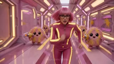 Woman in pink suit chased by fluffy creatures, rescued by dog in armor on hoverbike in desert.