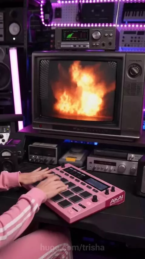 Person with pink hair using a pink Akai MPC drum machine, with a CRT TV showing rapid video clips.