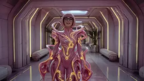 Woman in a glowing pink suit dancing in a futuristic pink-lit corridor, with space views visible.