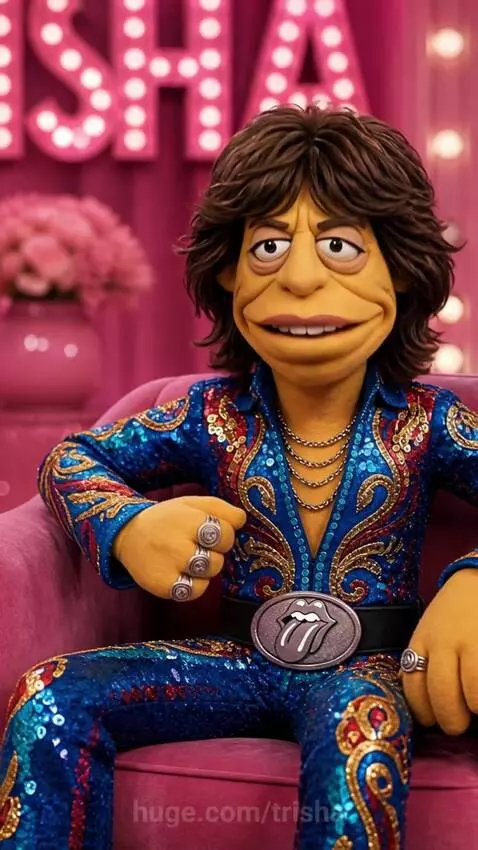 Pink puppet host Trisha interviews a puppet resembling Mick Jagger on a vibrant pink set.