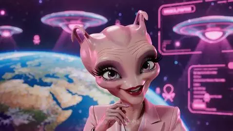Animated aliens in a futuristic setting, one wearing a prosthetic human belly.