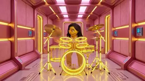 Puppets dancing in a futuristic pink spaceship with yellow drum lights.
