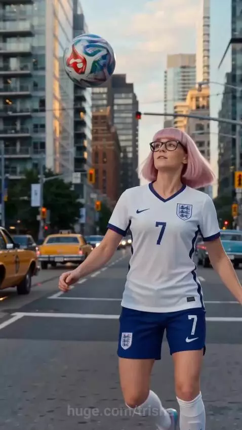 Diverse group including a woman in an England jersey, a dog in a Croatia jersey, and an alien in a Japan jersey skillfully juggling soccer balls.