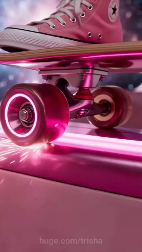 Person with pink hair and tracksuit skateboarding in a futuristic pink indoor skatepark with views of space.