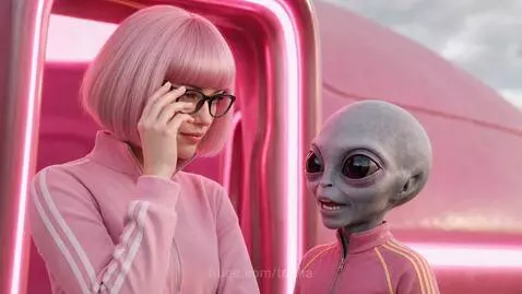 Trisha and C-Riff with a pink spaceship, facing service aliens and a small grey alien stowaway.