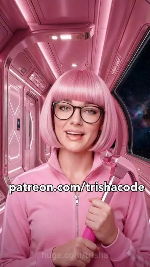 Woman in pink tracksuit and glasses holding a pink hammer in a futuristic pink corridor, space visible outside window.