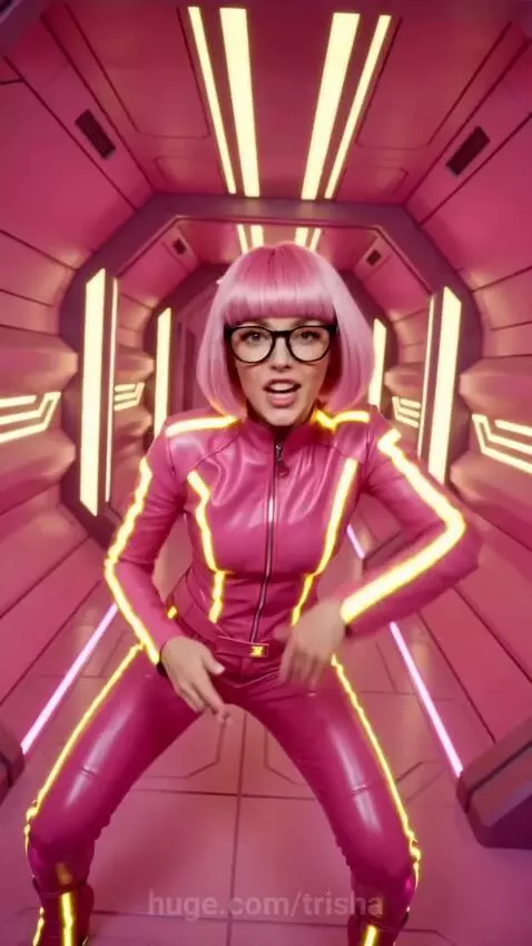 Woman in futuristic jumpsuit dancing in neon corridor, riding pink dinosaur, piloting spaceship, meditating, sitting on mushroom with alien.