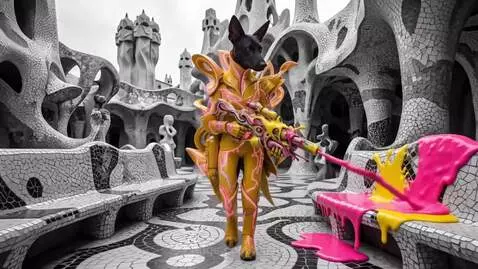 Woman with pink hair plays glowing pink bass guitar in a futuristic pink spaceship with neon accents.