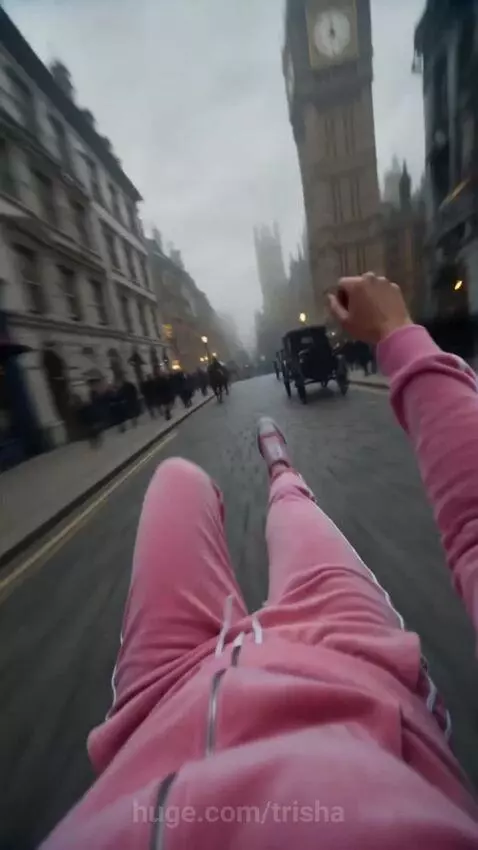 Person in pink suit flying through time, landing near a dinosaur in a jungle.