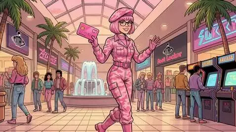 Animated woman with pink hair in pink camo uniform running and holding a pink flag.