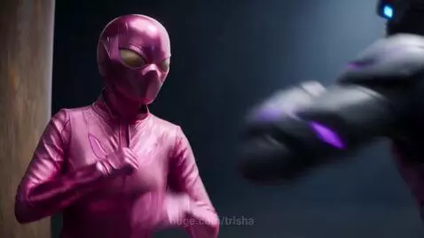 Animated fight scene with a pink-suited figure performing martial arts against an armored opponent.
