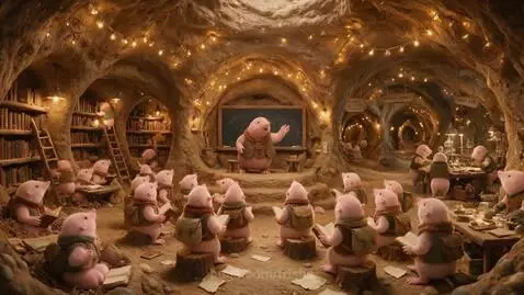A cute pink mole wearing a cigar and holding a scroll, with a burning library in the background.