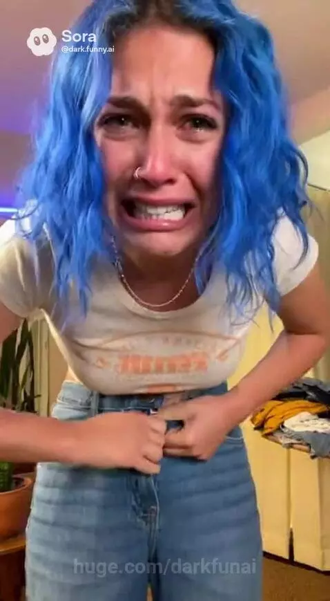 Woman with bright blue curly hair crying intensely while trying to button her blue jeans.