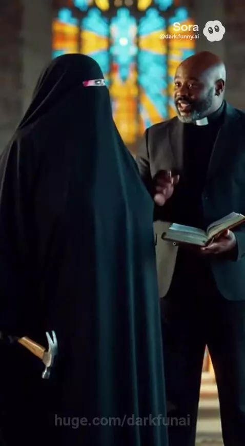 Woman in black niqab holding a hammer behind her back, confronting a priest in a church with stained glass windows.