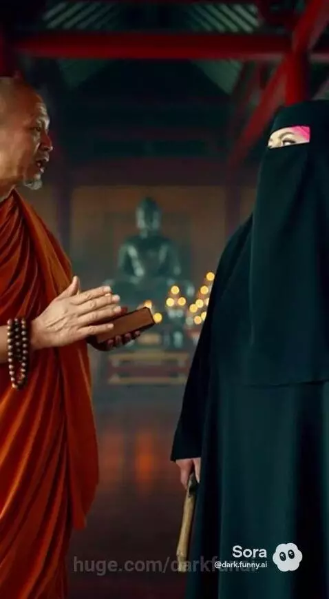 A monk in orange robes is knocked to the floor by a woman in a black niqab holding a staff.