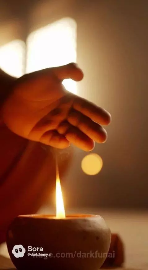 Monk in orange robes meditating near lit candles and a bowl of rice, with soft light streaming in.