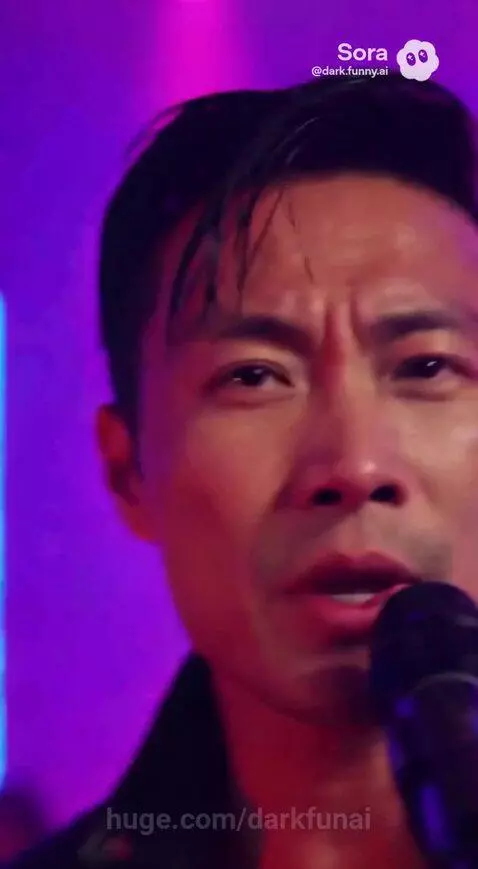 Man and woman in leather jackets singing a duet on a stage with blue and purple lights, releasing a sky lantern over a city.