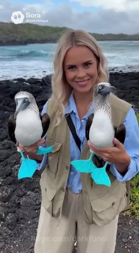Woman in a vest and blue shirt smiling, holding two blue-footed booby birds on a rocky coastline with the ocean behind her.