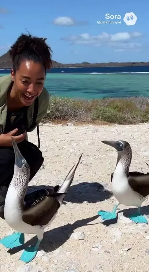 Woman watches two blue-footed boobies perform their mating dance on a beach, highlighting their bright blue feet.
