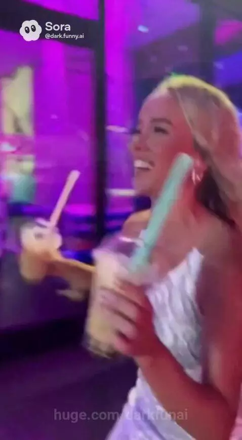 Woman in a silver dress holding two boba tea cups at night, smiling.