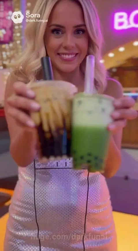 Blonde woman in a light dress holding two bubble tea drinks, smiling and laughing.