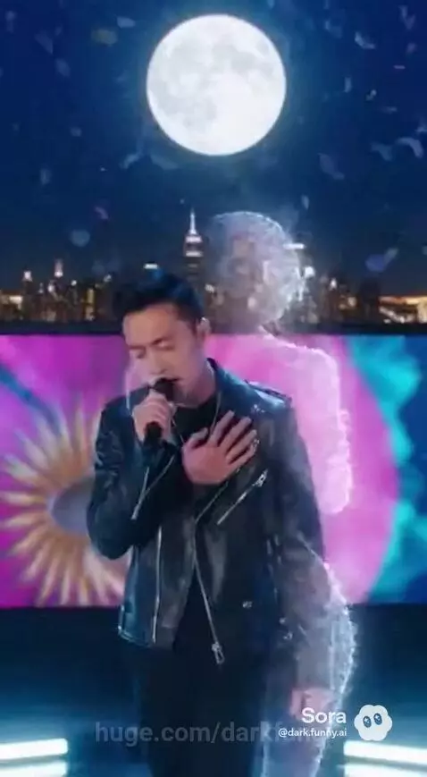 Male singer performing emotionally on a rooftop at sunset with petals falling around him.