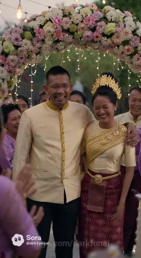 A woman in traditional attire smiles and embraces a man, followed by wedding scenes and a man in distress.