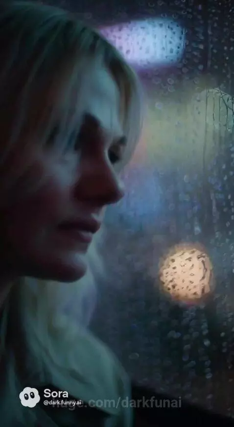 Blonde woman singing on a rooftop at sunset with city lights, looking sad.
