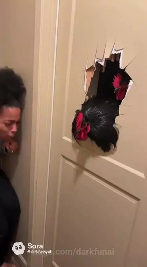 Terrified woman with curly hair pressed against a wall, screaming and pointing at two black roosters with red combs visible through holes in a door.