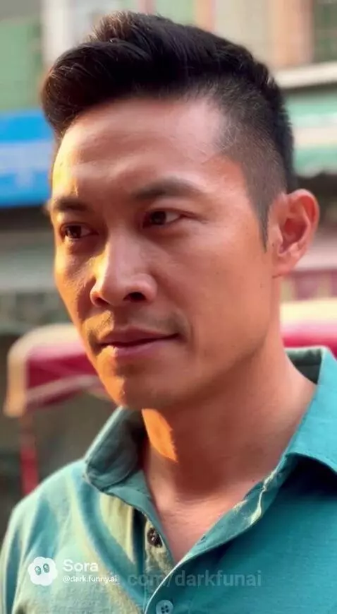 Two men talking on a street, one in a black cap and Nike shirt, the other in a teal polo shirt.