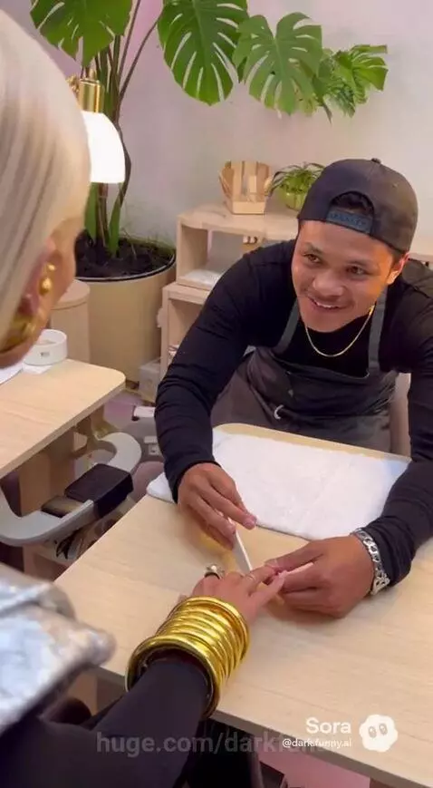 Woman in silver vest and thigh-high boots at a nail salon, interacting with a male technician.