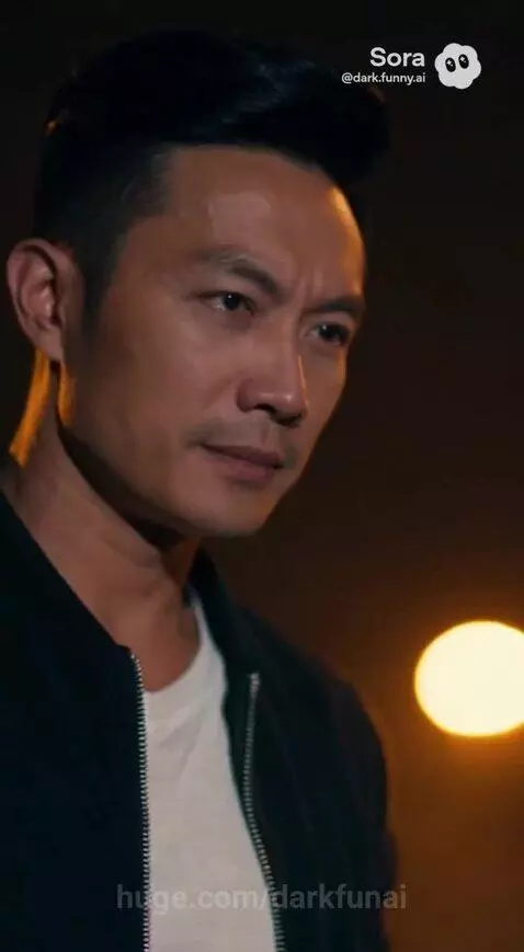 Man in black jacket helps man in Nike shirt up at night, illuminated by car headlights.