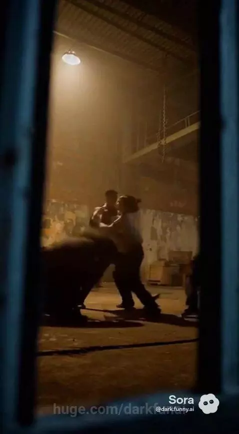 Man in black t-shirt hiding behind a barrel at night, shocked expression, then dazed on the ground.