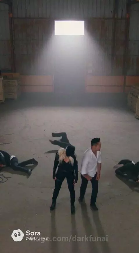 Woman in tactical gear and man in white shirt stand over unconscious figures in a dimly lit warehouse.