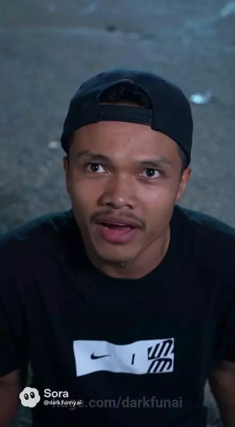 Woman with arms crossed questions a man in a baseball cap outdoors at night.