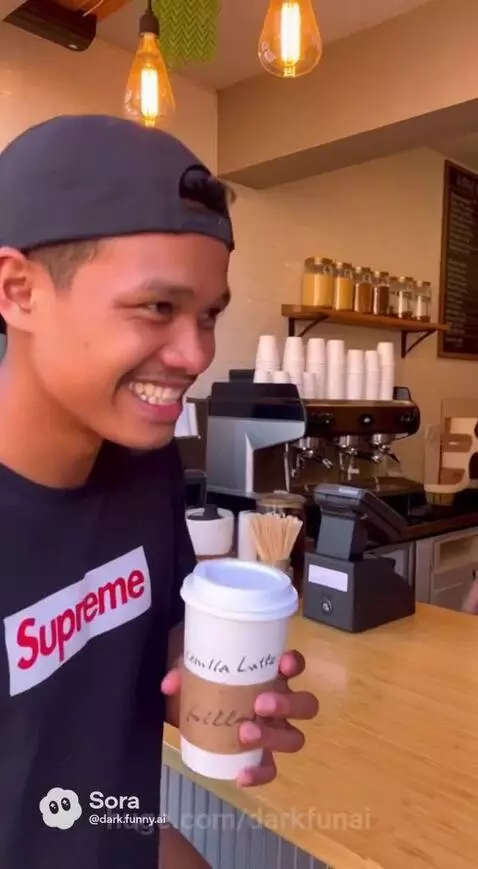 Man and woman laughing together at a coffee shop table, holding coffee cups.