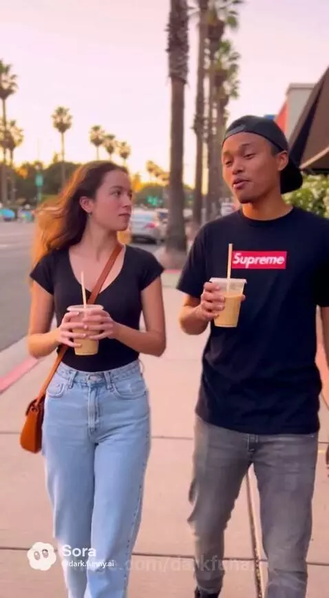Young man and woman walking with iced coffee, discussing accents on a sunny, palm-lined sidewalk.