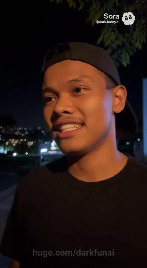 A man and woman stand outside a house at night, illuminated by a porch light. The woman leans in for a kiss, but the man steps back.