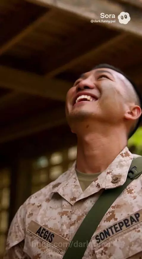 Soldier in uniform smiling at his grandmother standing in the doorway of a stilt house.